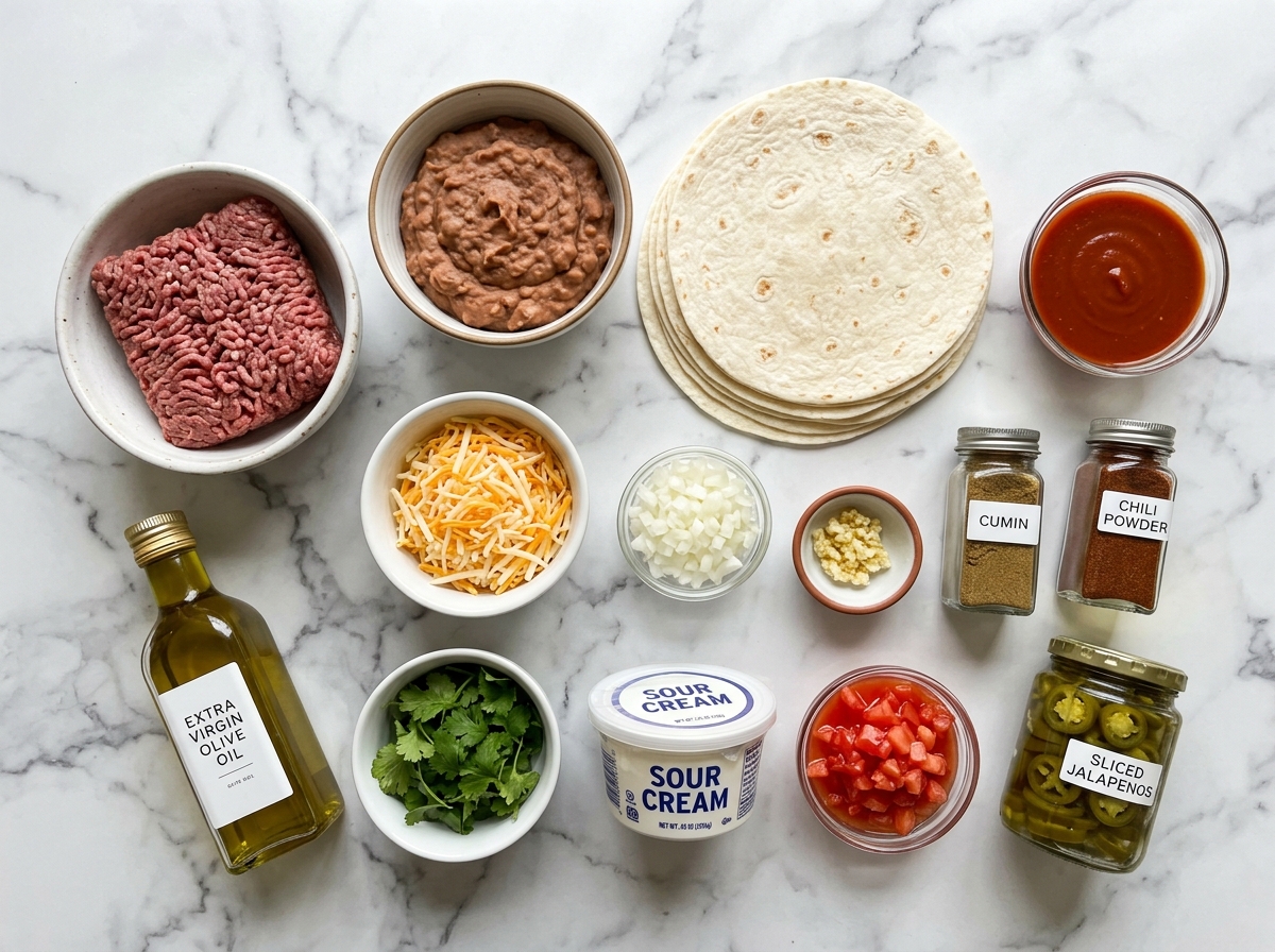 Ingredients for beef and bean enchiladas with tortillas and red sauce