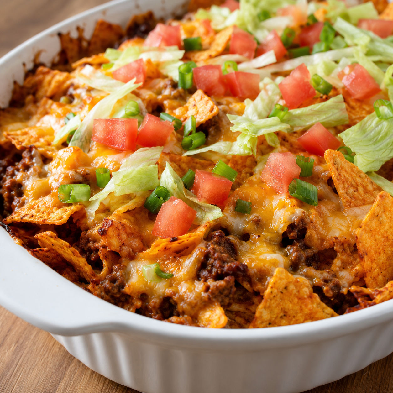 Cheesy beef Doritos casserole with melted cheese and fresh toppings