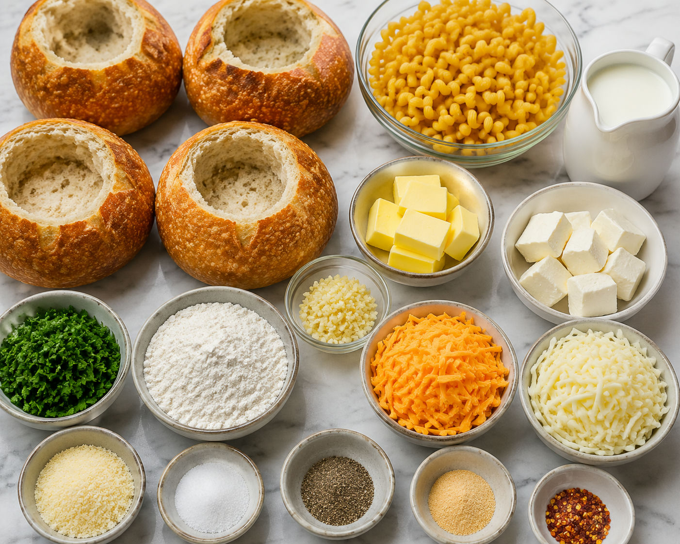 Ingredients for cheesy bread bowl pasta with sourdough and cheeses