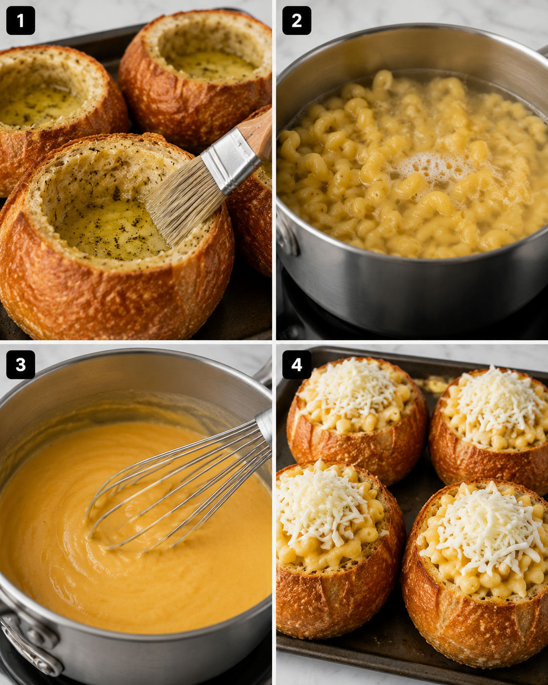 Steps for making cheesy bread bowl pasta with garlic butter and cheese sauce
