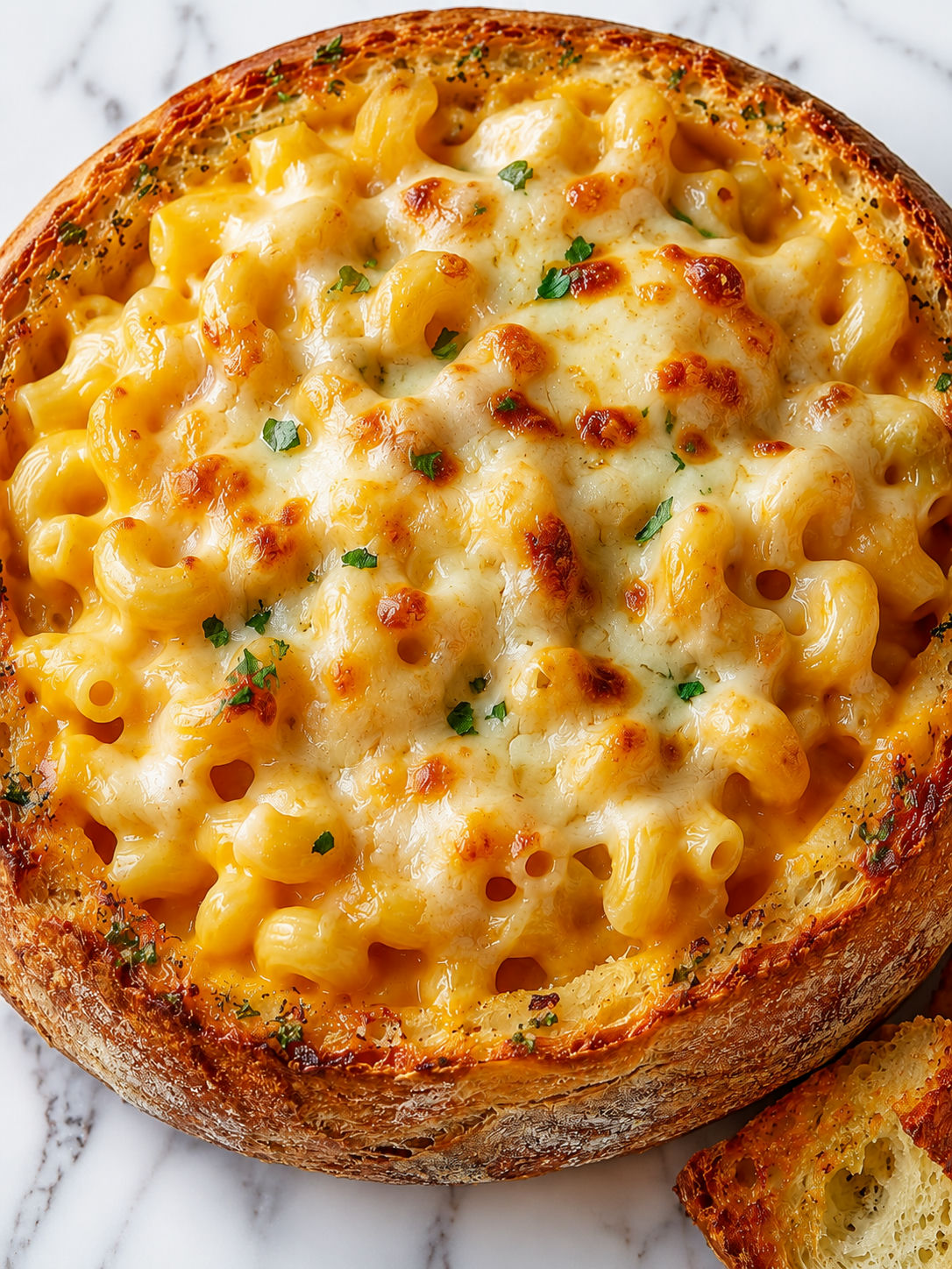 Cheesy bread bowl pasta with golden melted cheese and parsley
