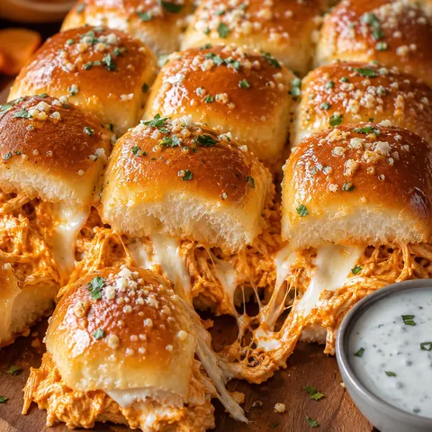 Cheesy buffalo chicken Hawaiian rolls with ranch and melted mozzarella