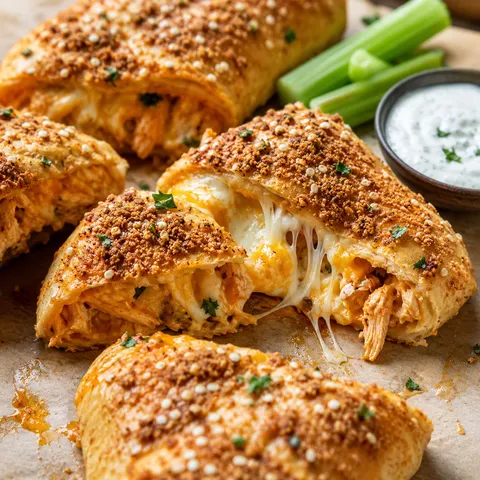 Cheesy buffalo chicken stromboli slices with ranch and celery
