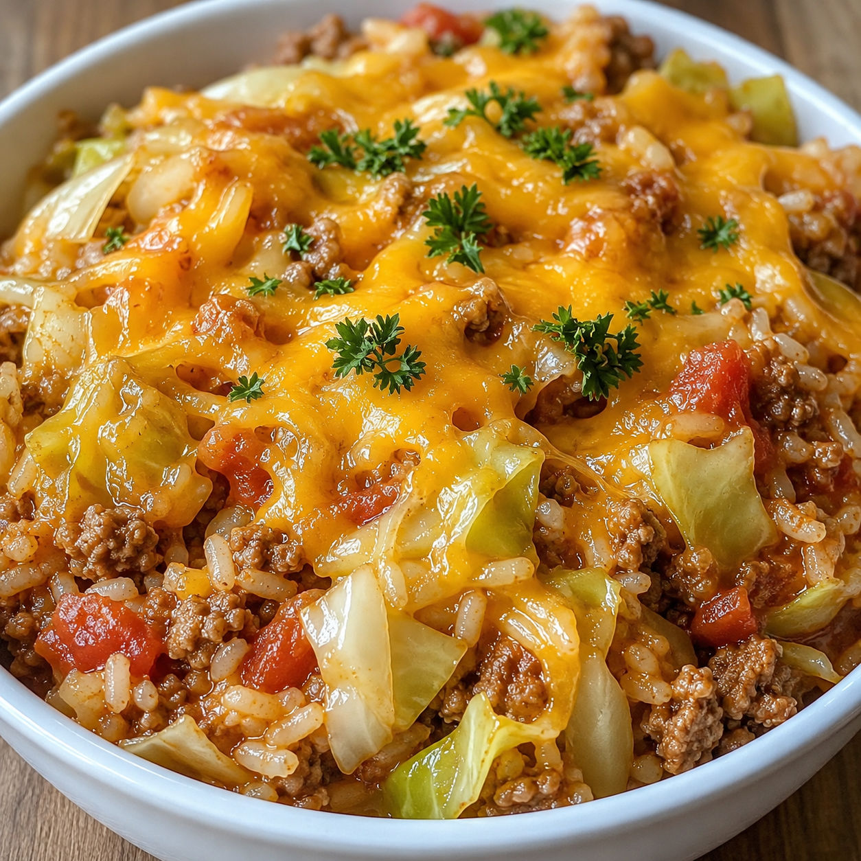 Cheesy cabbage beef casserole with rice, tomatoes, and melted cheddar