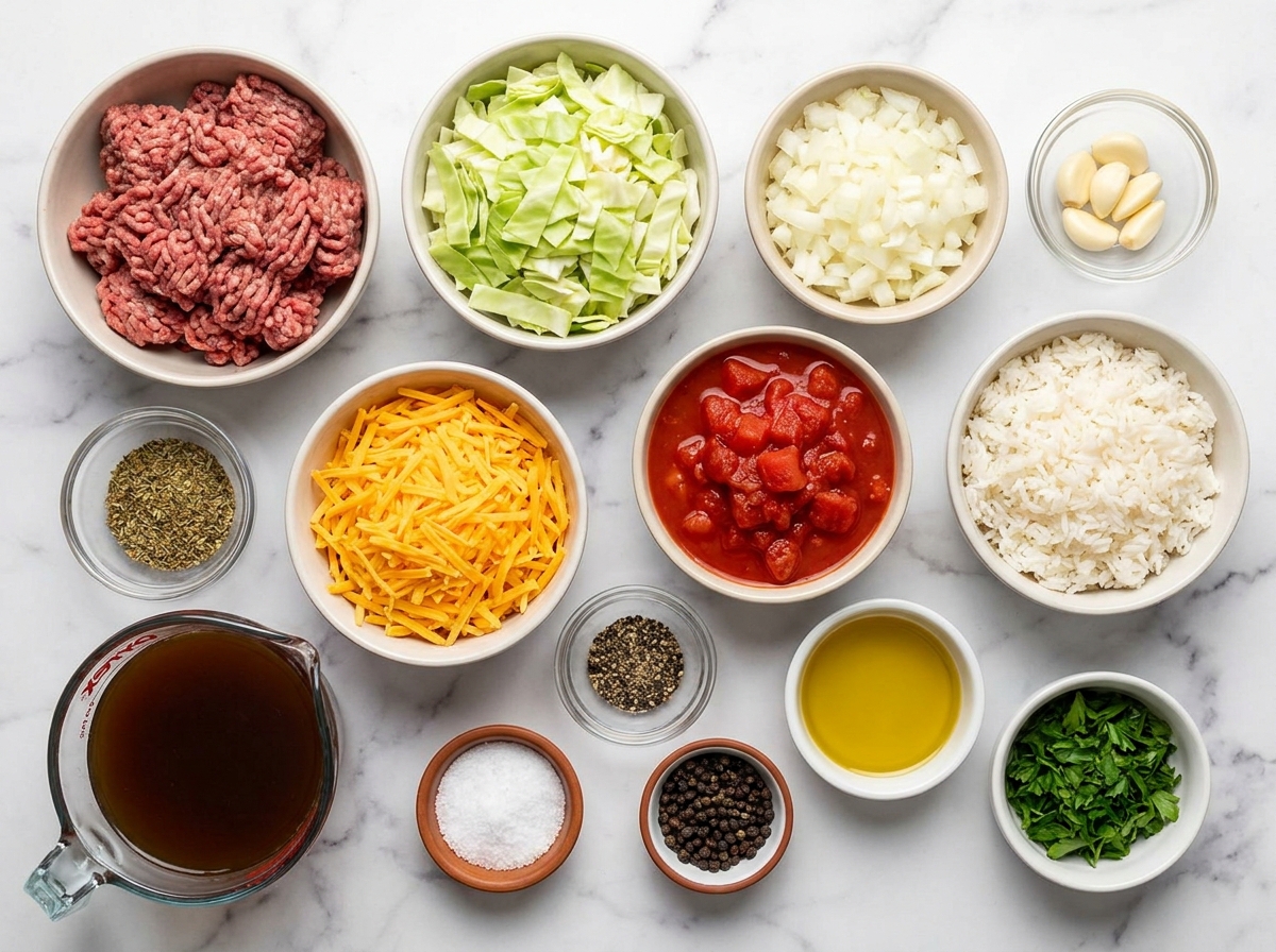 Ingredients for cabbage beef casserole with rice, tomatoes, and cheddar