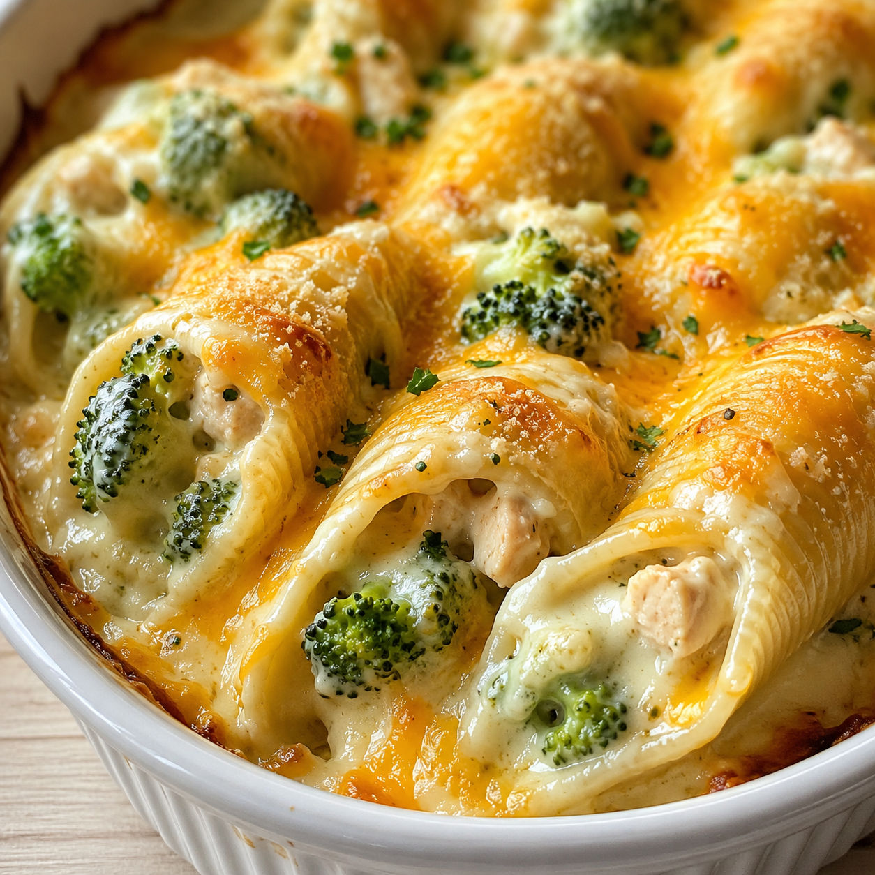 Cheesy chicken broccoli stuffed shells with cheddar and Alfredo sauce