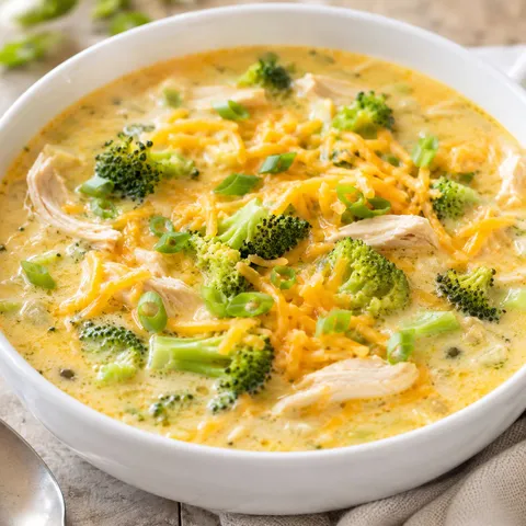 Cheesy chicken broccoli soup with cheddar and scallions in a white bowl