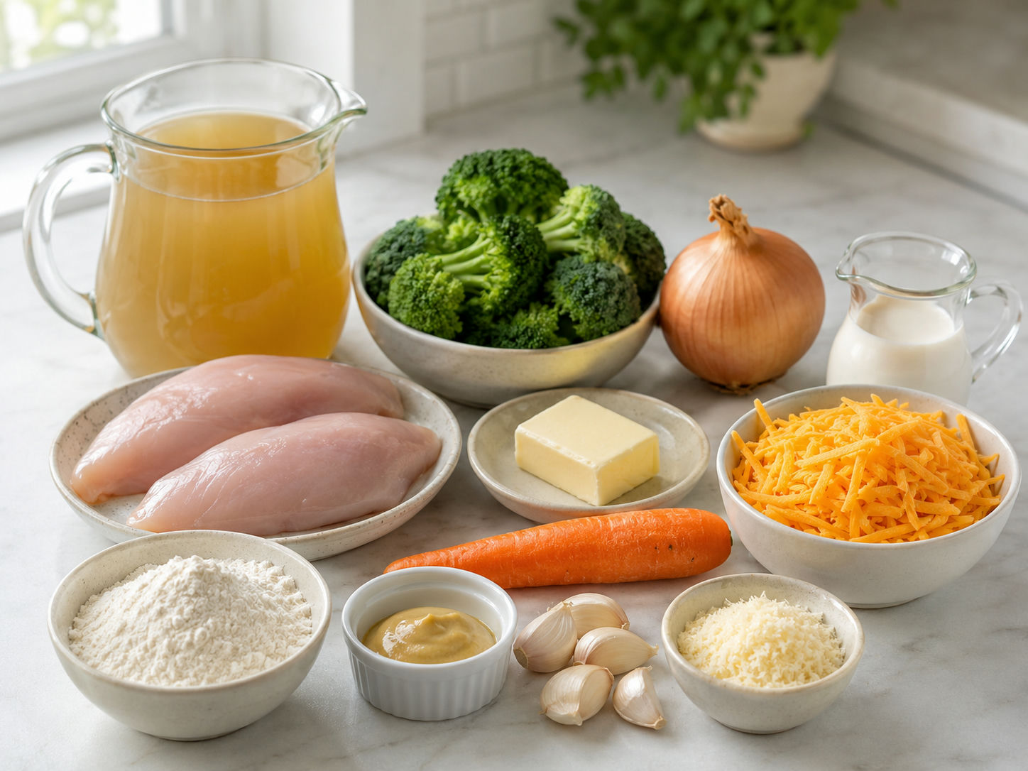 Ingredients for Cheesy Chicken Broccoli Soup laid out
