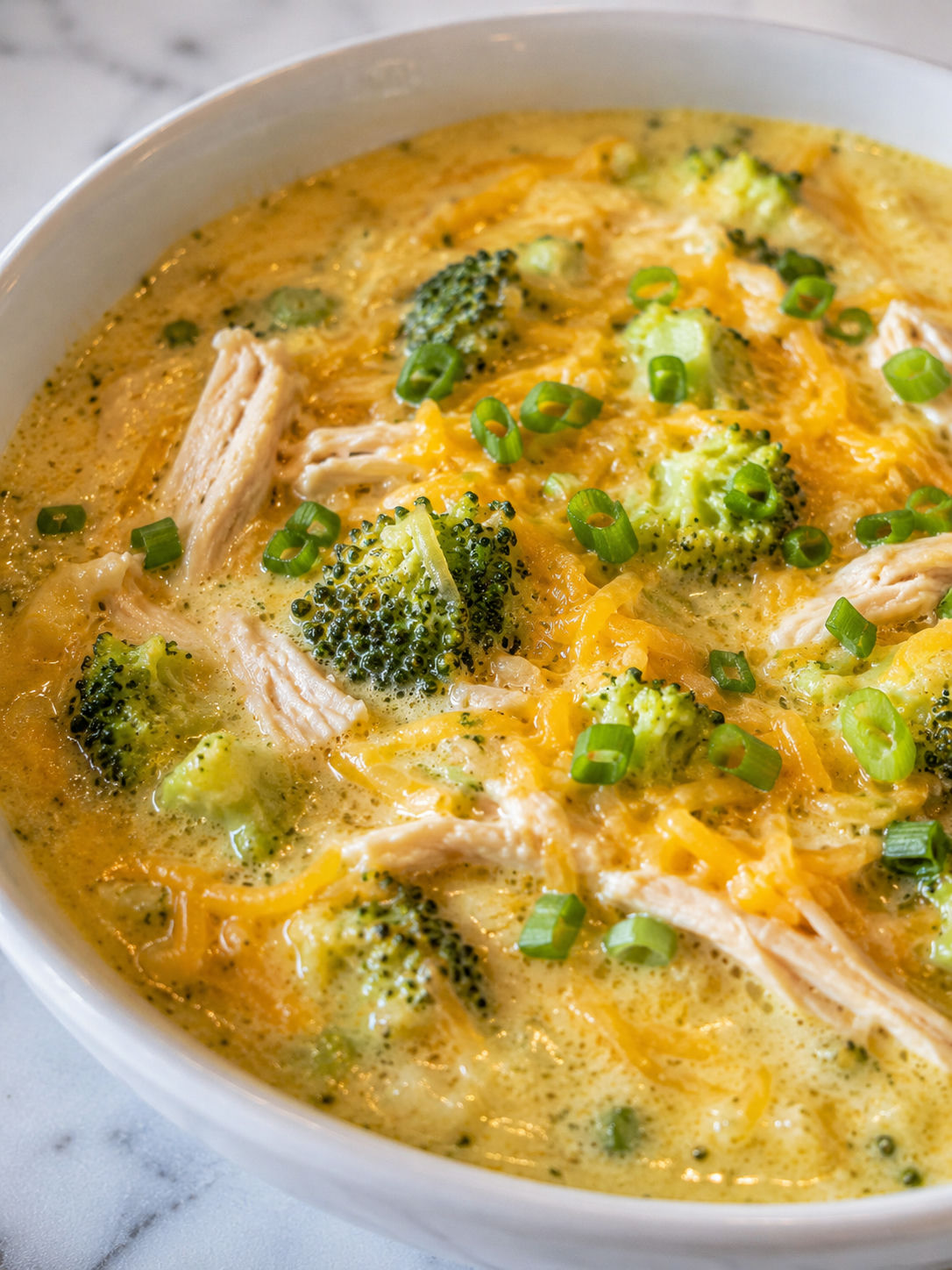 Cheesy Chicken Broccoli Soup, plated and served