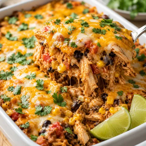 Cheesy chicken burrito casserole with beans, rice, cilantro, and lime