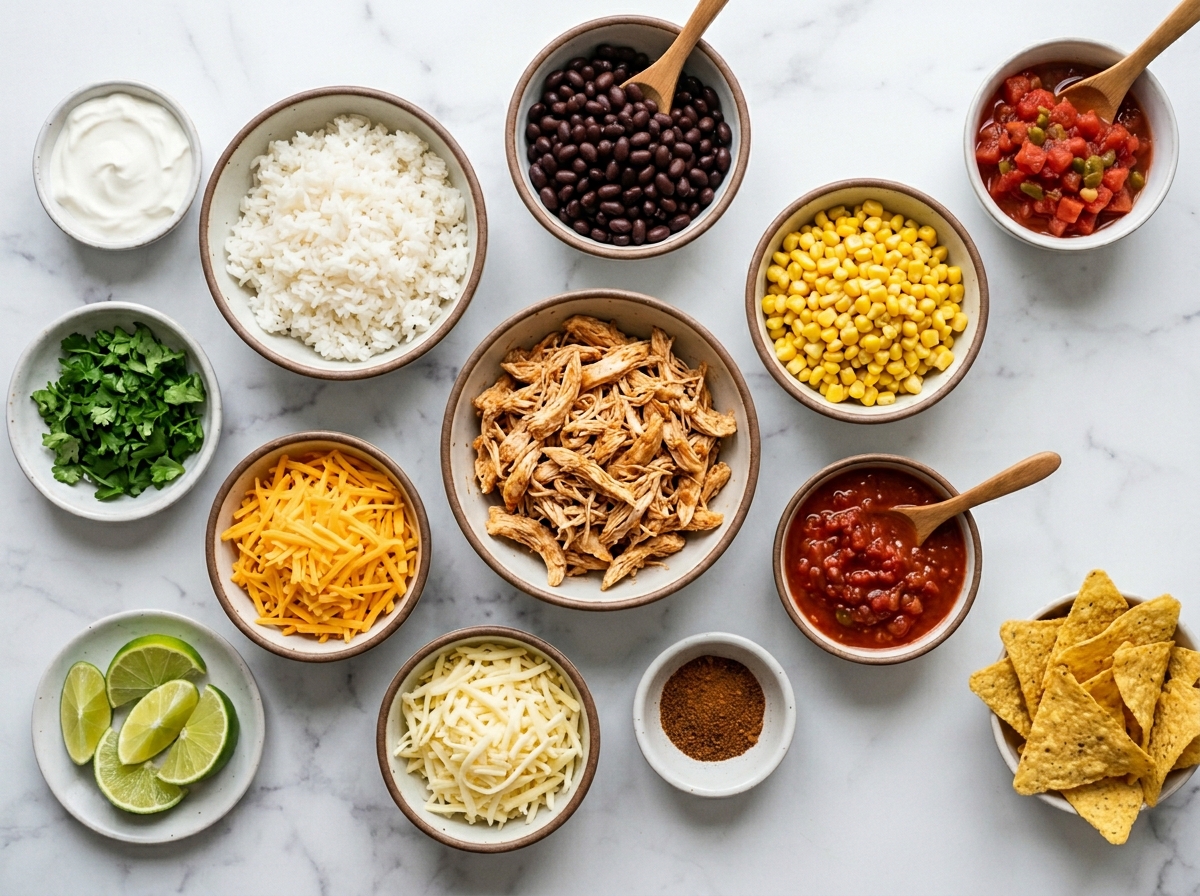 Ingredients for chicken burrito casserole with rice, beans, cheese, and salsa