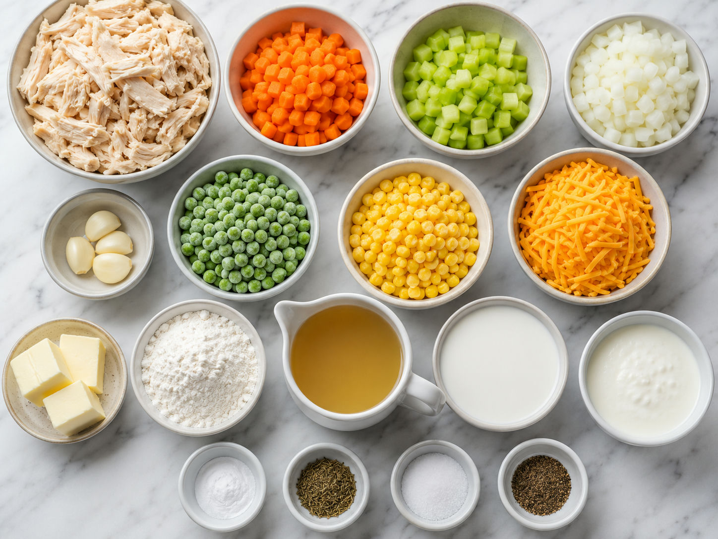 Ingredients for cheesy chicken pot pie with biscuits on a wooden surface