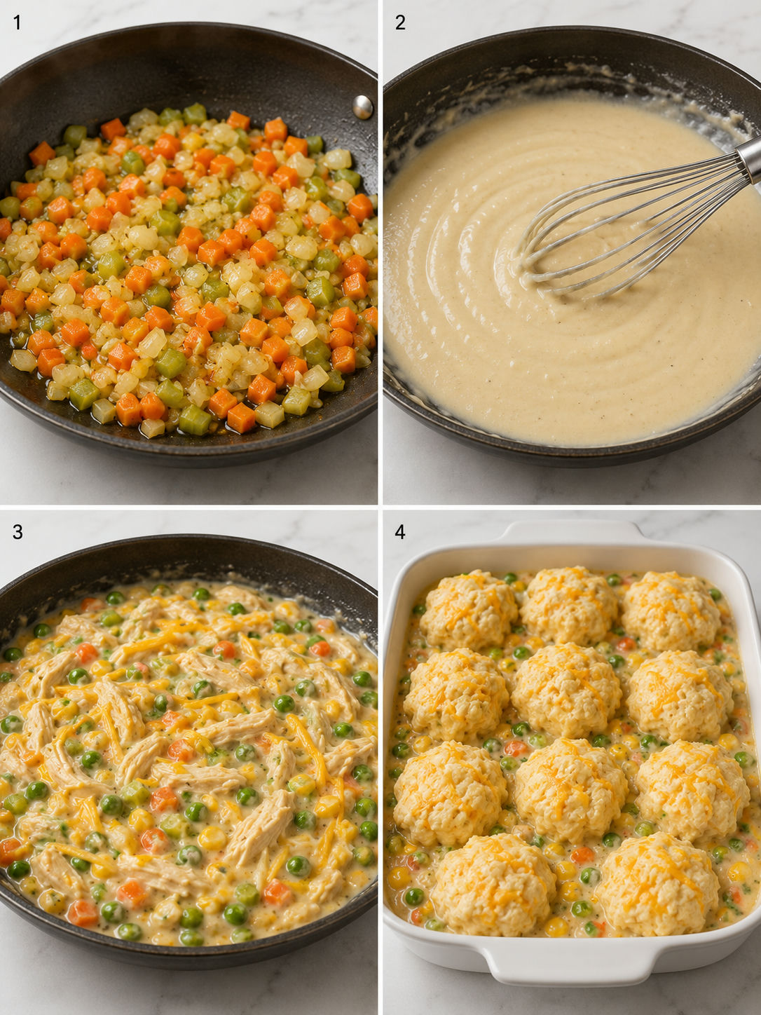 Four steps for making cheesy chicken pot pie with biscuit topping