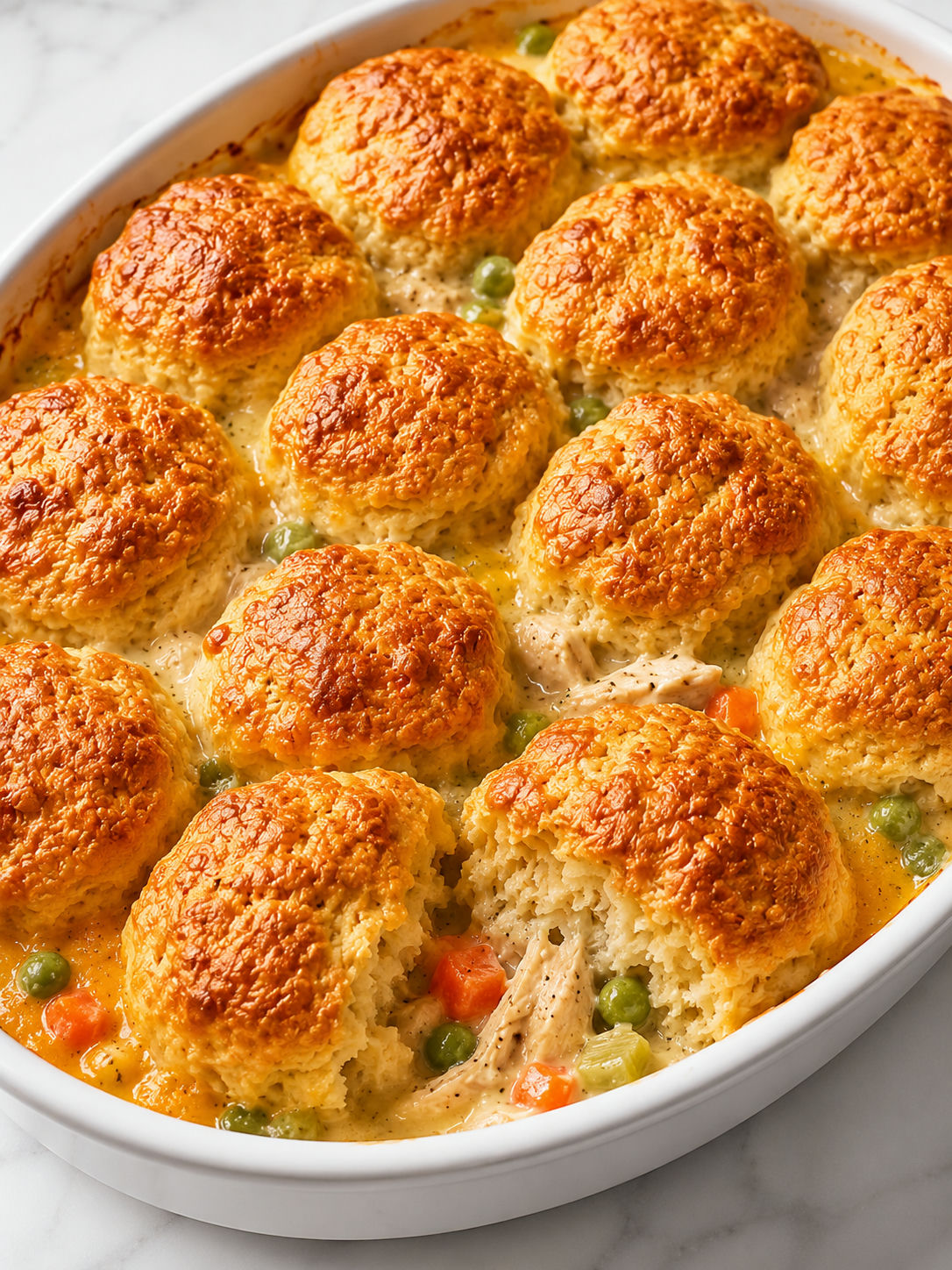 Cheesy chicken pot pie with biscuits and creamy chicken filling