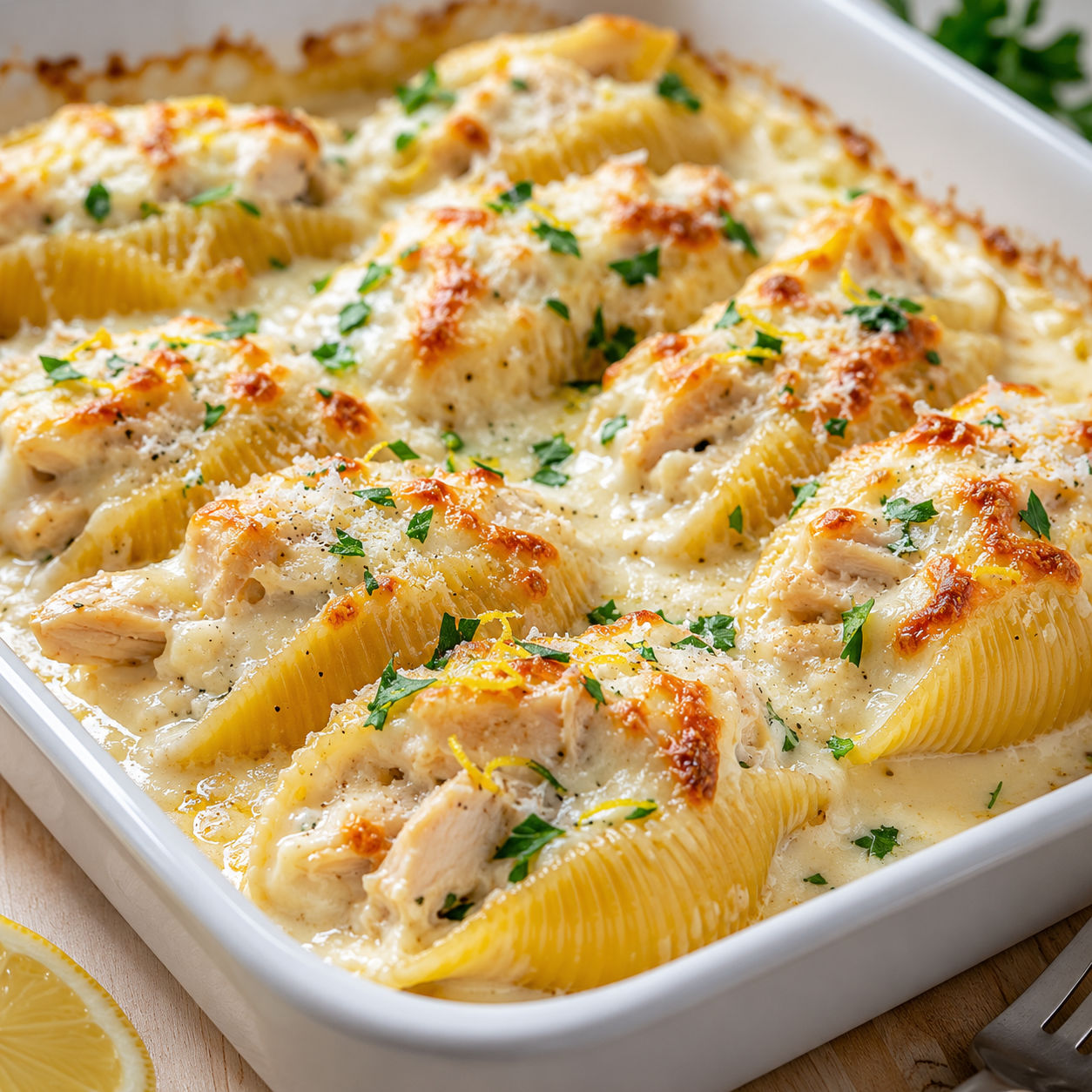 Cheesy chicken scampi stuffed shells with parsley and lemon zest