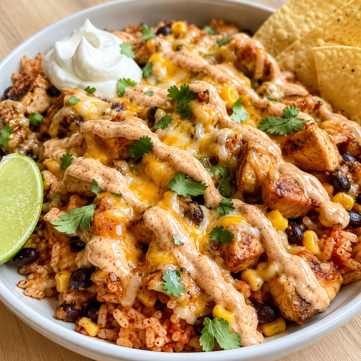 Cheesy chicken taco rice with Southwest ranch, cilantro, lime, and tortilla chips
