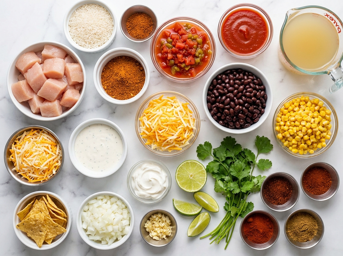 Ingredients for cheesy chicken taco rice with ranch on a wooden surface