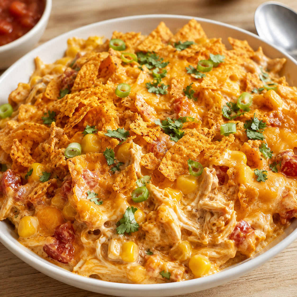 Cheesy Doritos salsa chicken casserole with melted cheese and cilantro
