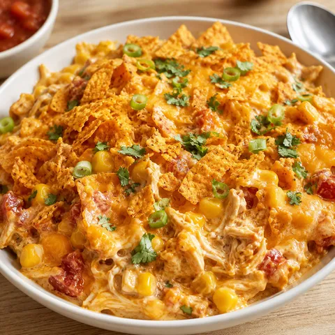 Cheesy Doritos salsa chicken casserole with melted cheese and cilantro