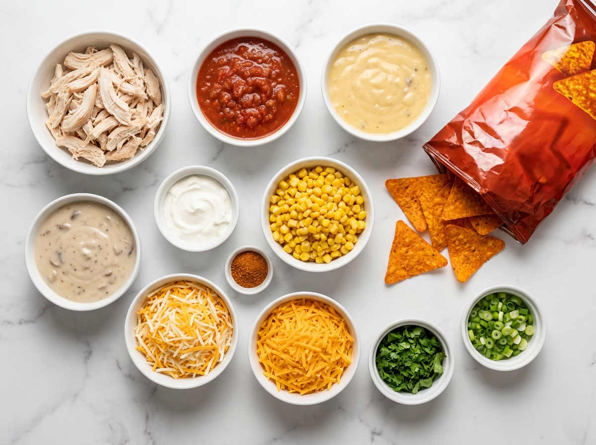 Ingredients for Doritos salsa chicken casserole on a wooden counter