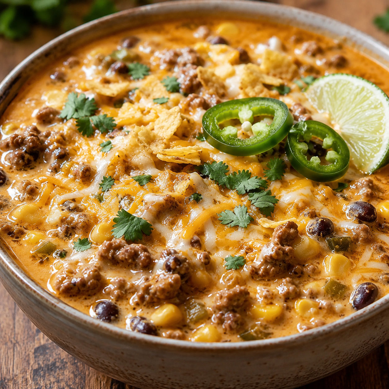 Cheesy enchilada chili with beef, beans, corn, chips, and cilantro