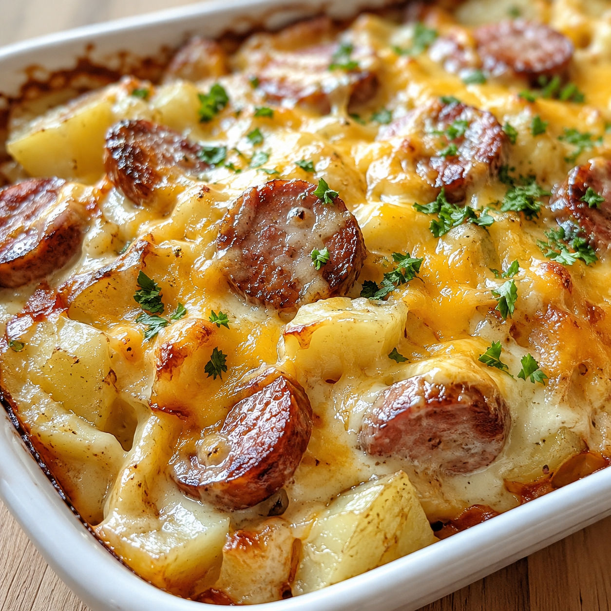 Cheesy sausage and potato bake with golden cheddar and parsley