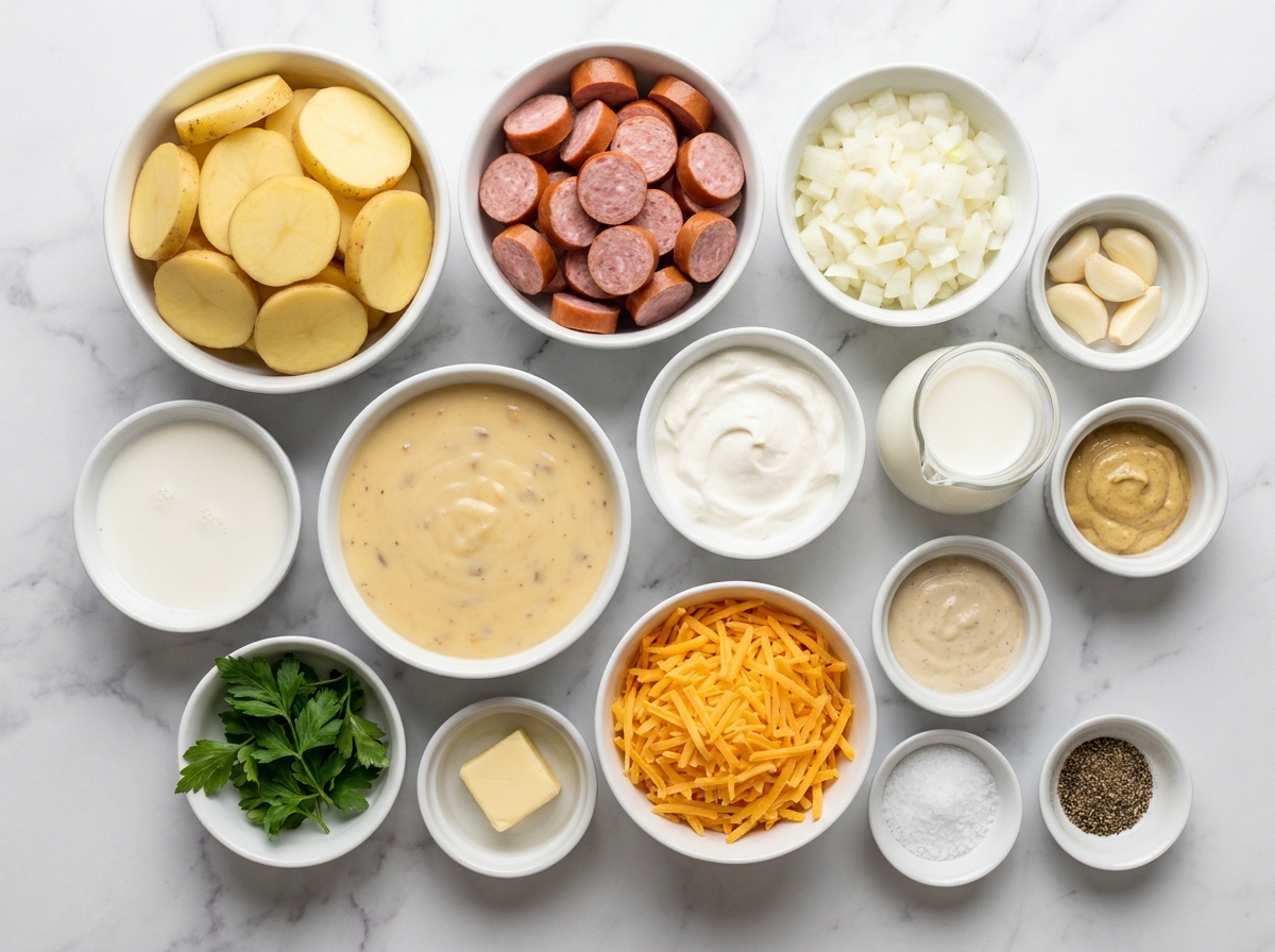 Ingredients for cheesy sausage and potato bake on a wooden surface