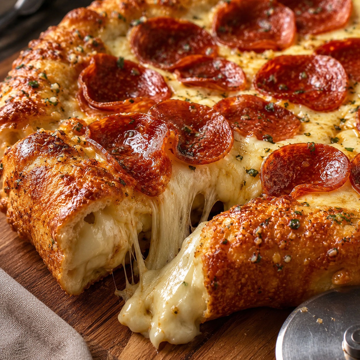Stuffed crust pepperoni pizza with melted mozzarella on a wooden board