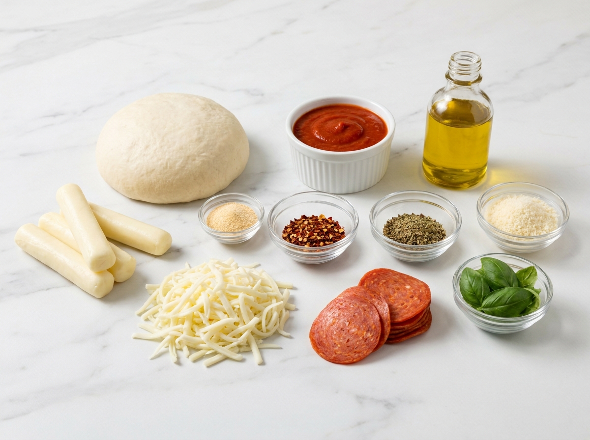 Pizza dough, pepperoni, mozzarella, sauce, and seasonings for stuffed crust pizza