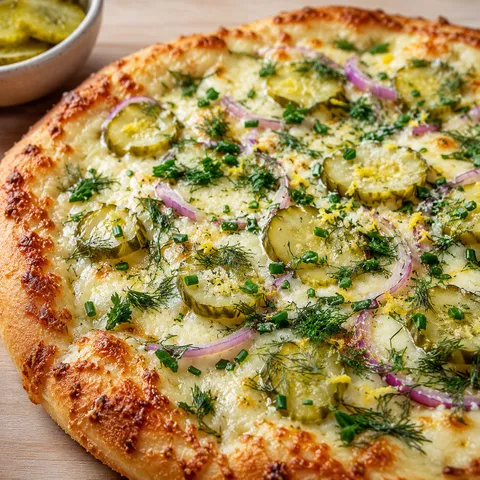 Cheesy dill pickle pizza with fresh herbs and browned mozzarella