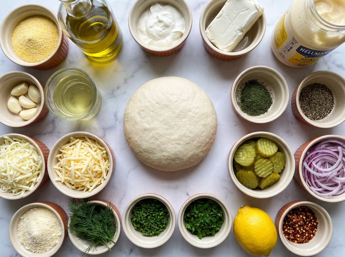 Ingredients for dill pickle pizza with cheeses, herbs, and garlic sauce
