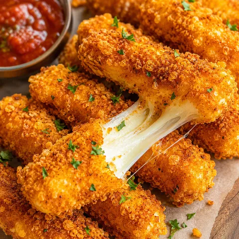 Doritos crusted mozzarella sticks with marinara and melted cheese