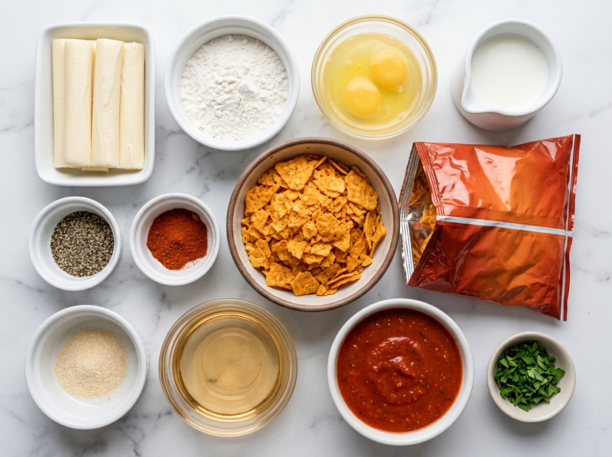Ingredients for Doritos mozzarella sticks with cheese, chips, eggs, flour and marinara