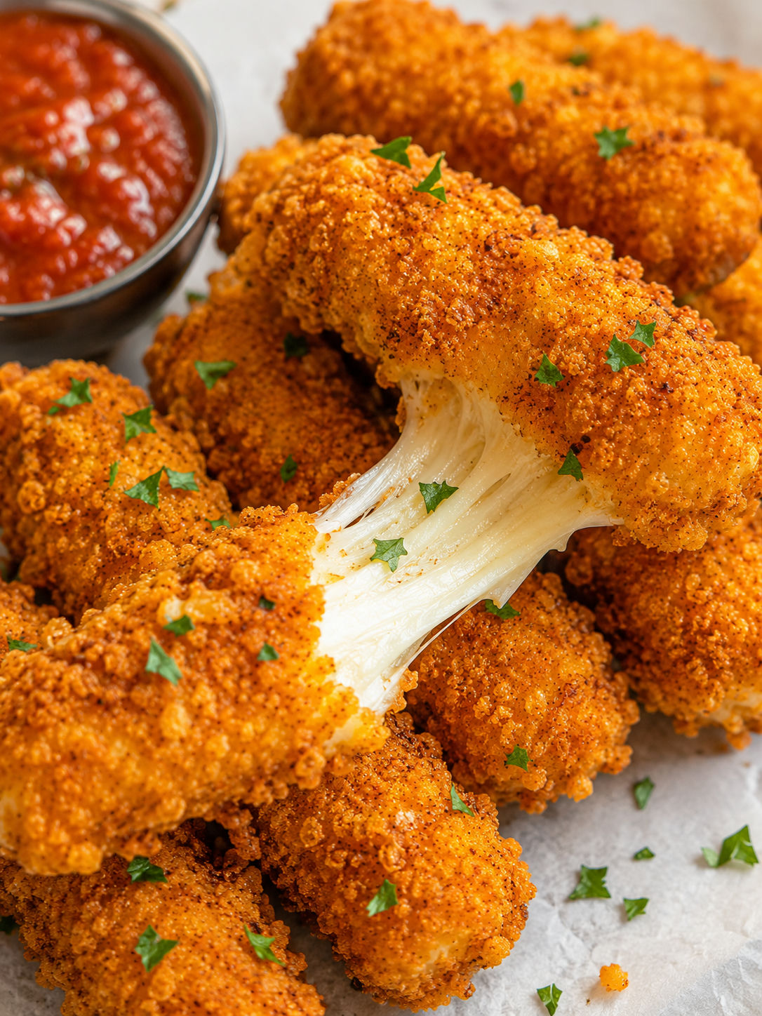 Cheesy Doritos Encrusted Mozzarella Sticks, plated and served