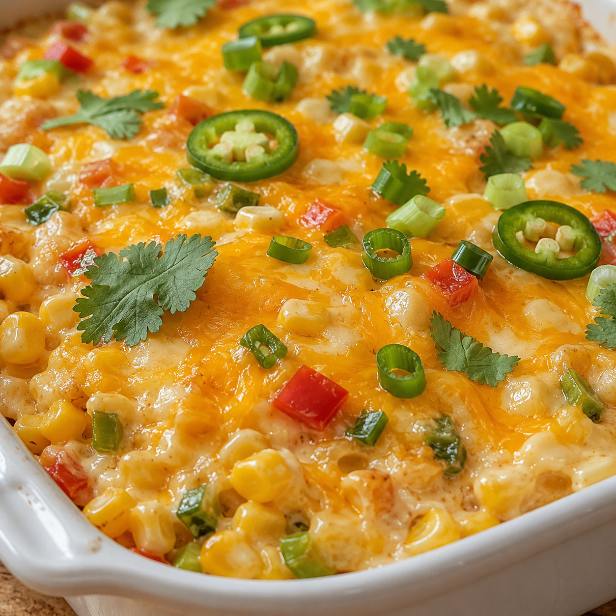 Cheesy fiesta corn casserole with green onions and cilantro in a baking dish