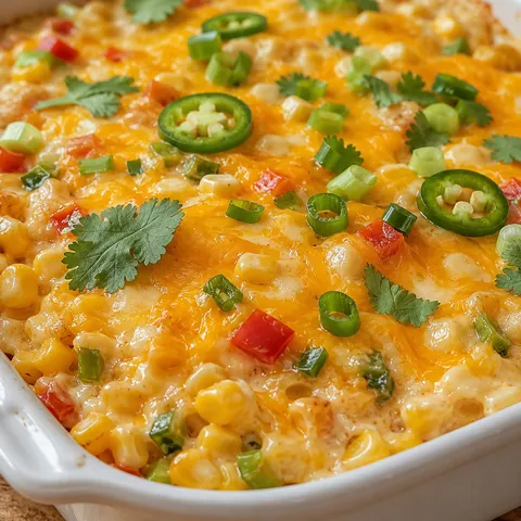 Cheesy fiesta corn casserole with green onions and cilantro in a baking dish