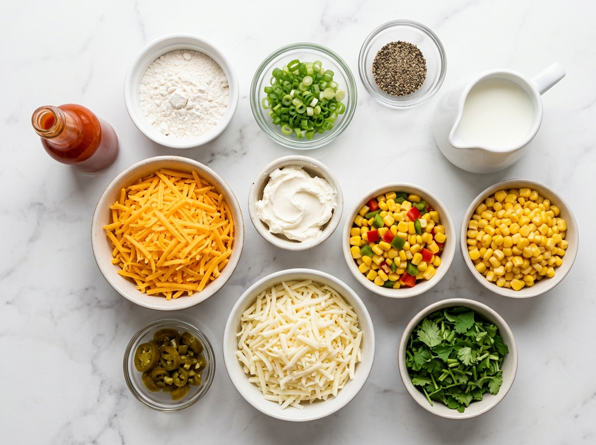 Ingredients for cheesy fiesta corn casserole with corn, cheeses, and jalapeno