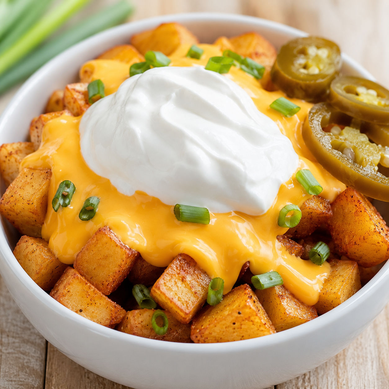Cheesy fiesta potatoes with nacho cheese sauce and sour cream