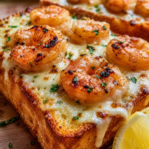 Cheesy garlic bread toasts topped with grilled shrimp and melted mozzarella