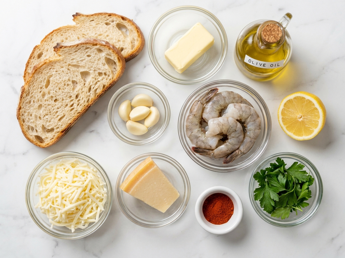 Raw ingredients for cheesy garlic bread with grilled shrimp and melted cheese