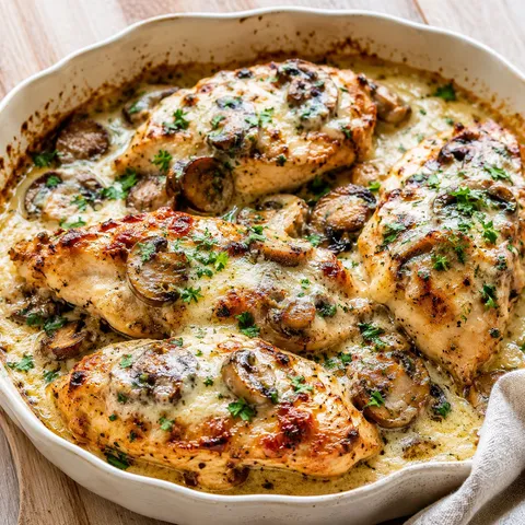 Cheesy garlic butter mushroom chicken bake with melted mozzarella and parsley