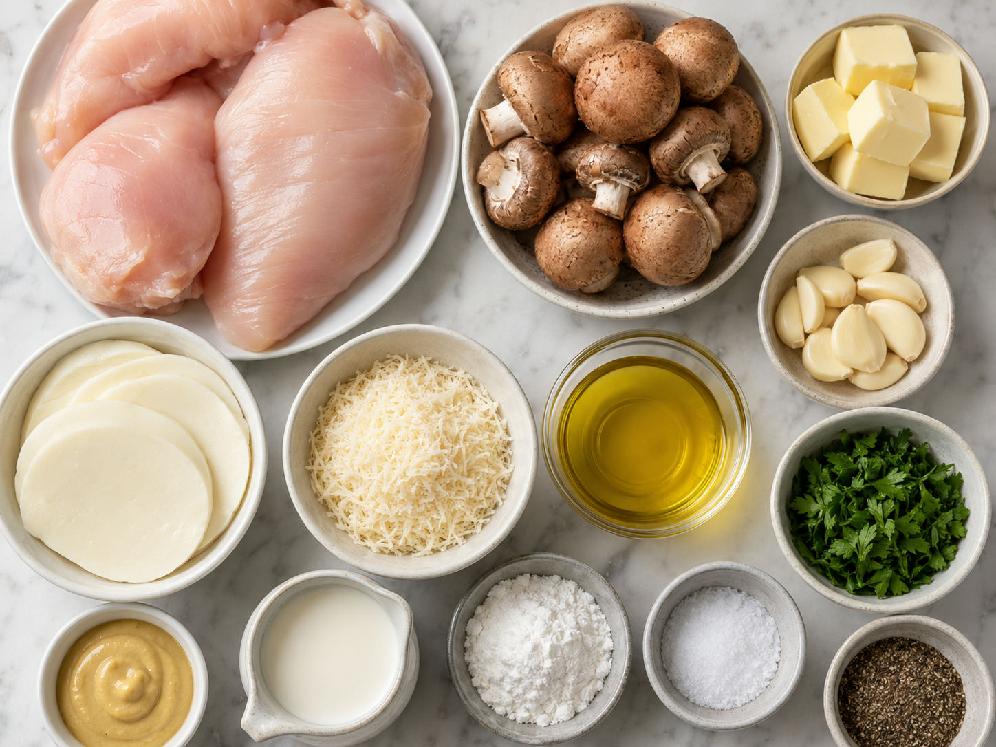 Ingredients for cheesy mushroom stuffed chicken on a kitchen counter