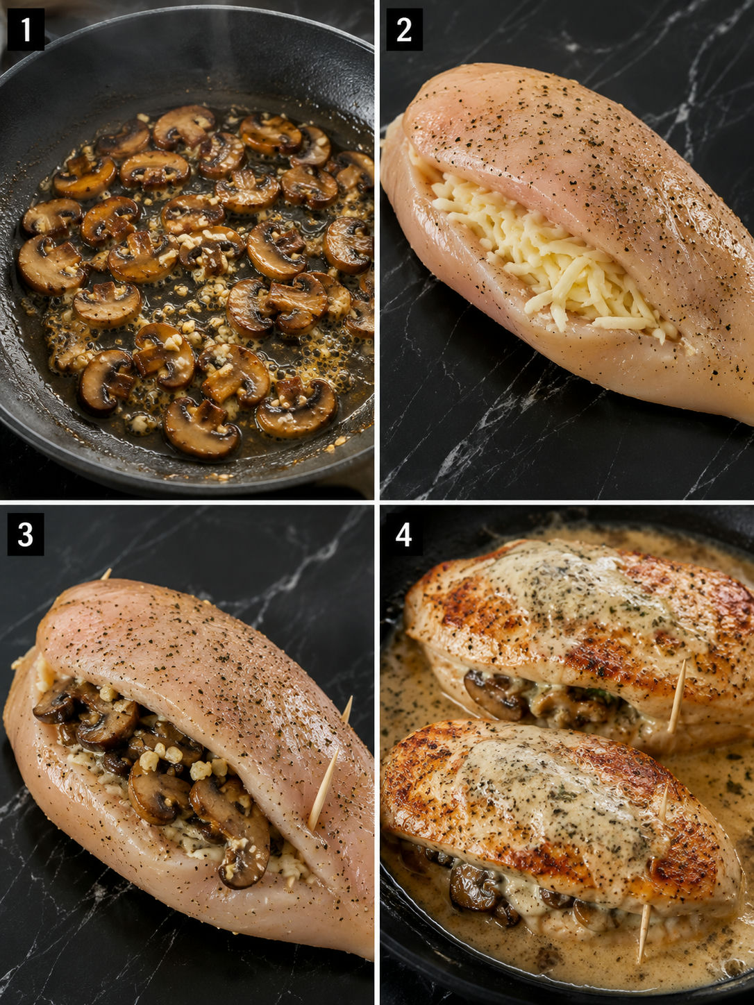 Four steps for making cheesy mushroom stuffed chicken