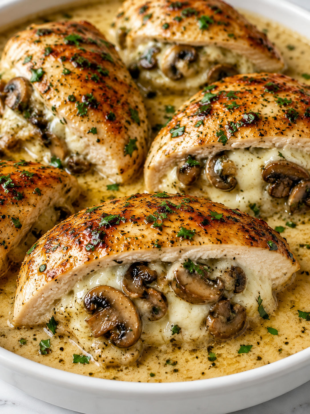 Sliced cheesy mushroom stuffed chicken with parsley and cream sauce