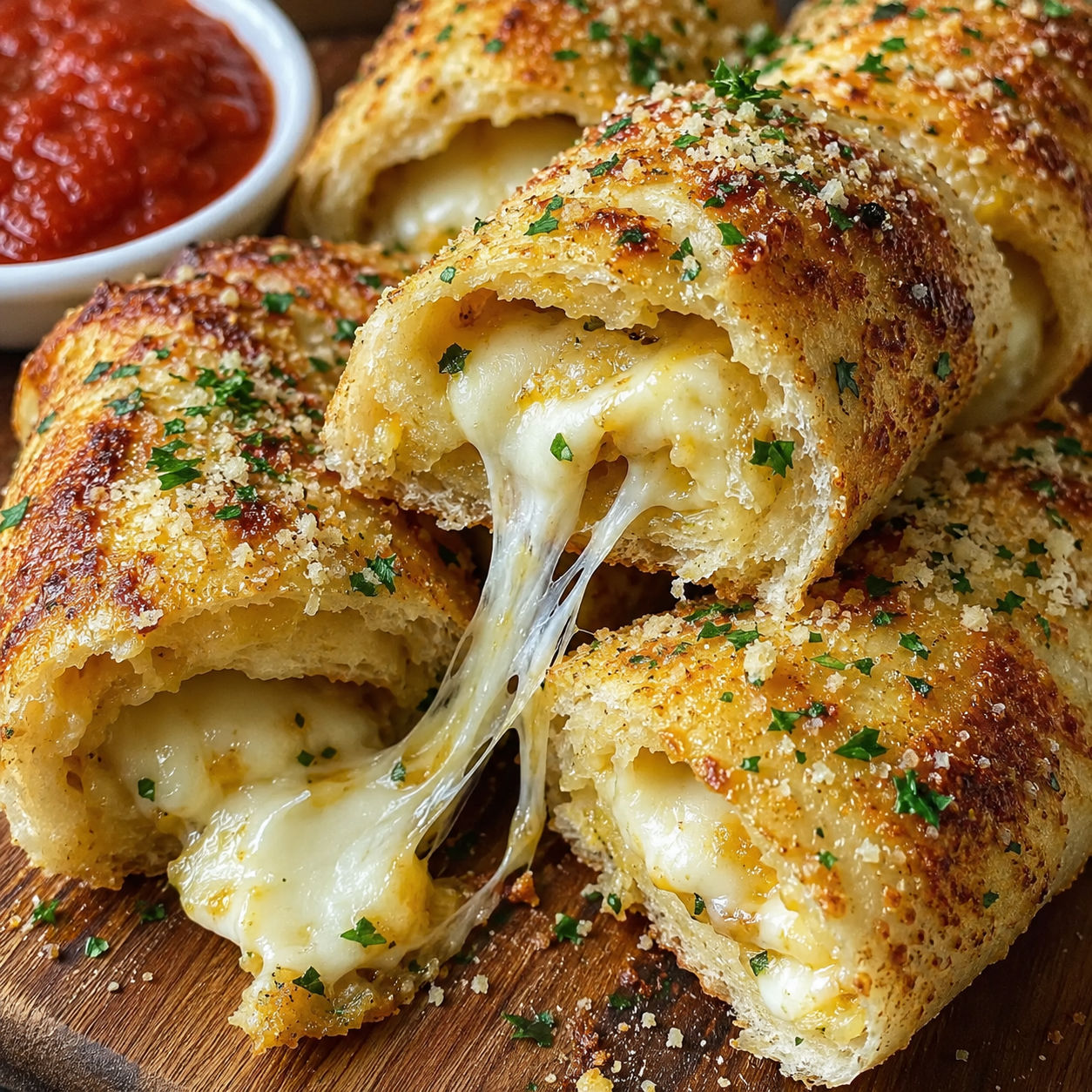 Cheesy garlic butter rollups with mozzarella and marinara on a wooden board