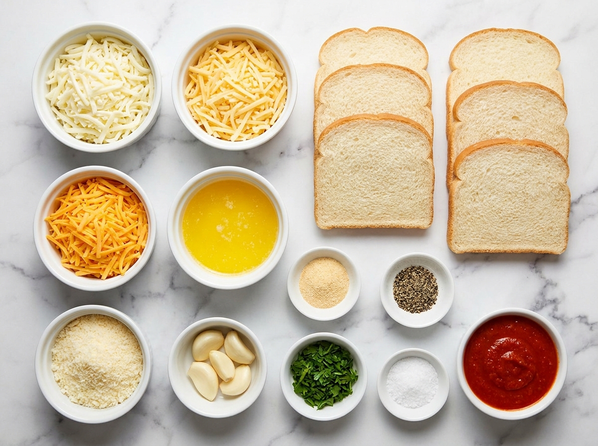 Ingredients for mozzarella garlic butter rollups on a light wooden surface