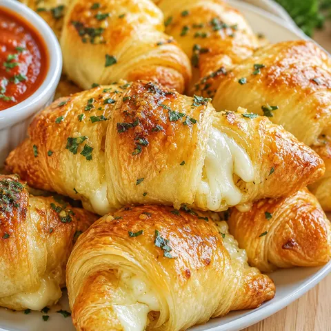 Cheesy garlic crescent rolls with mozzarella and parsley on a white plate