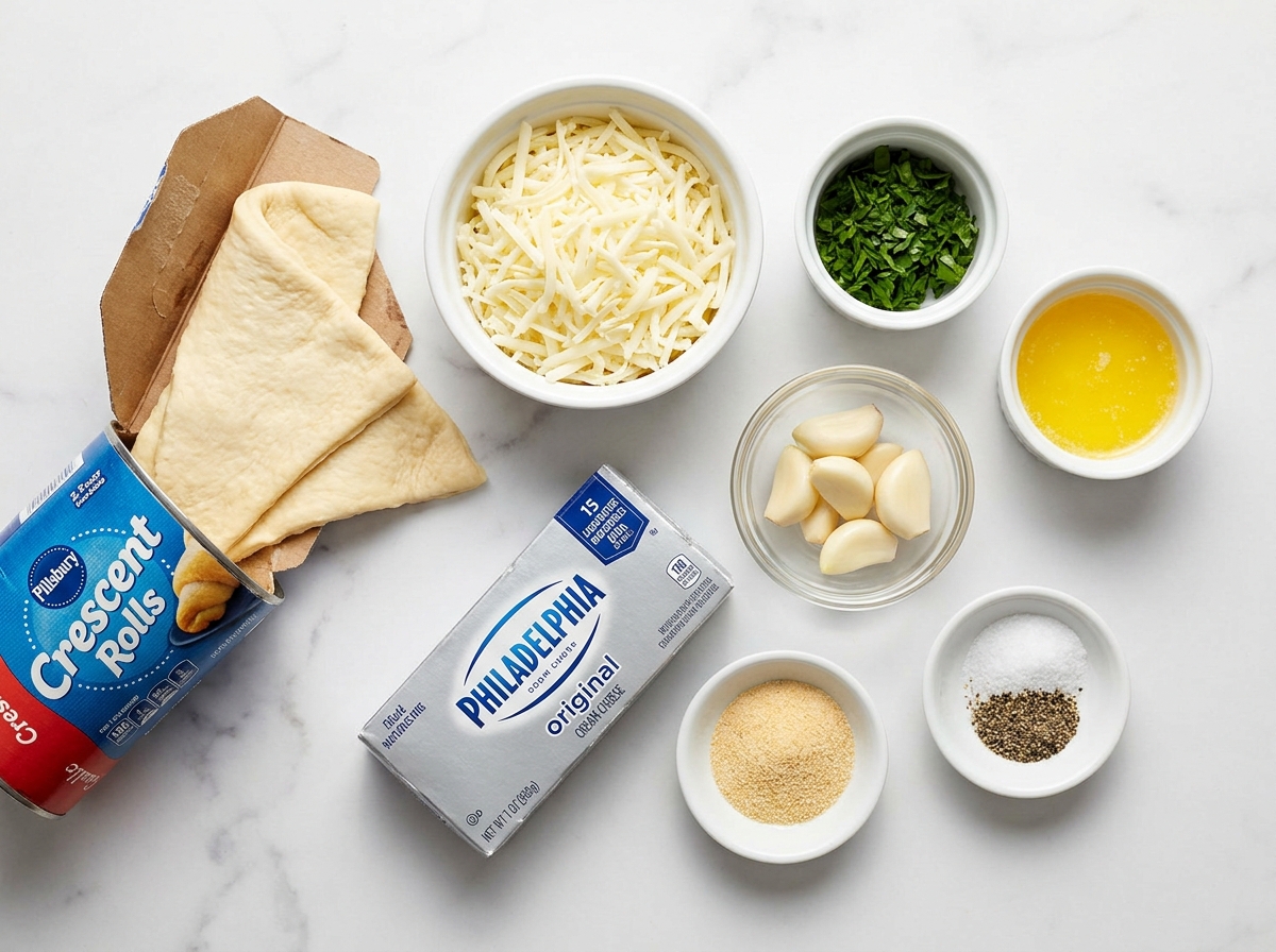 Ingredients for cheesy garlic crescent rolls with mozzarella and parsley