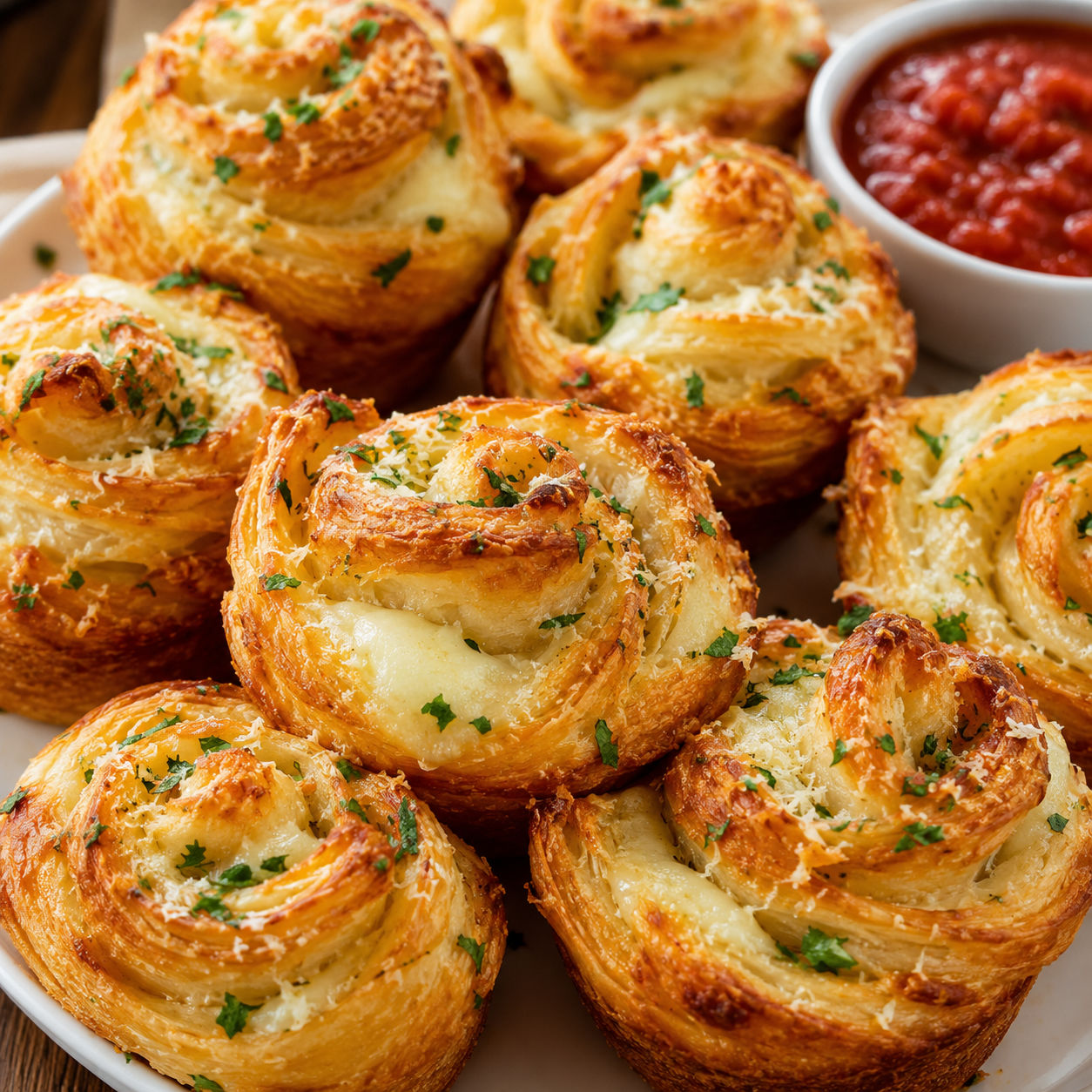 Cheesy garlic cruffins with parsley and melted cheese on a white platter