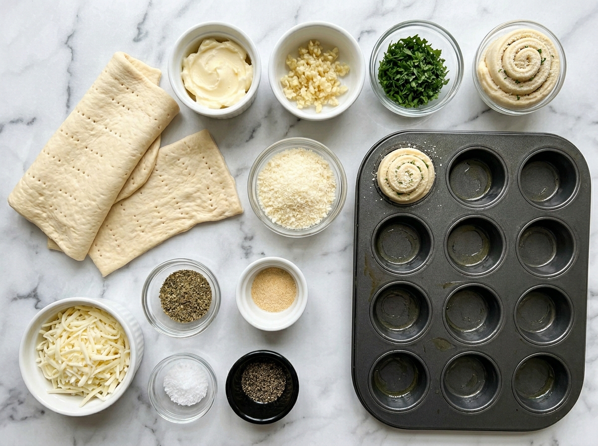 Ingredients for cheesy garlic cruffins with dough, cheese, garlic, and butter